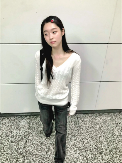 White V-neck Sweater